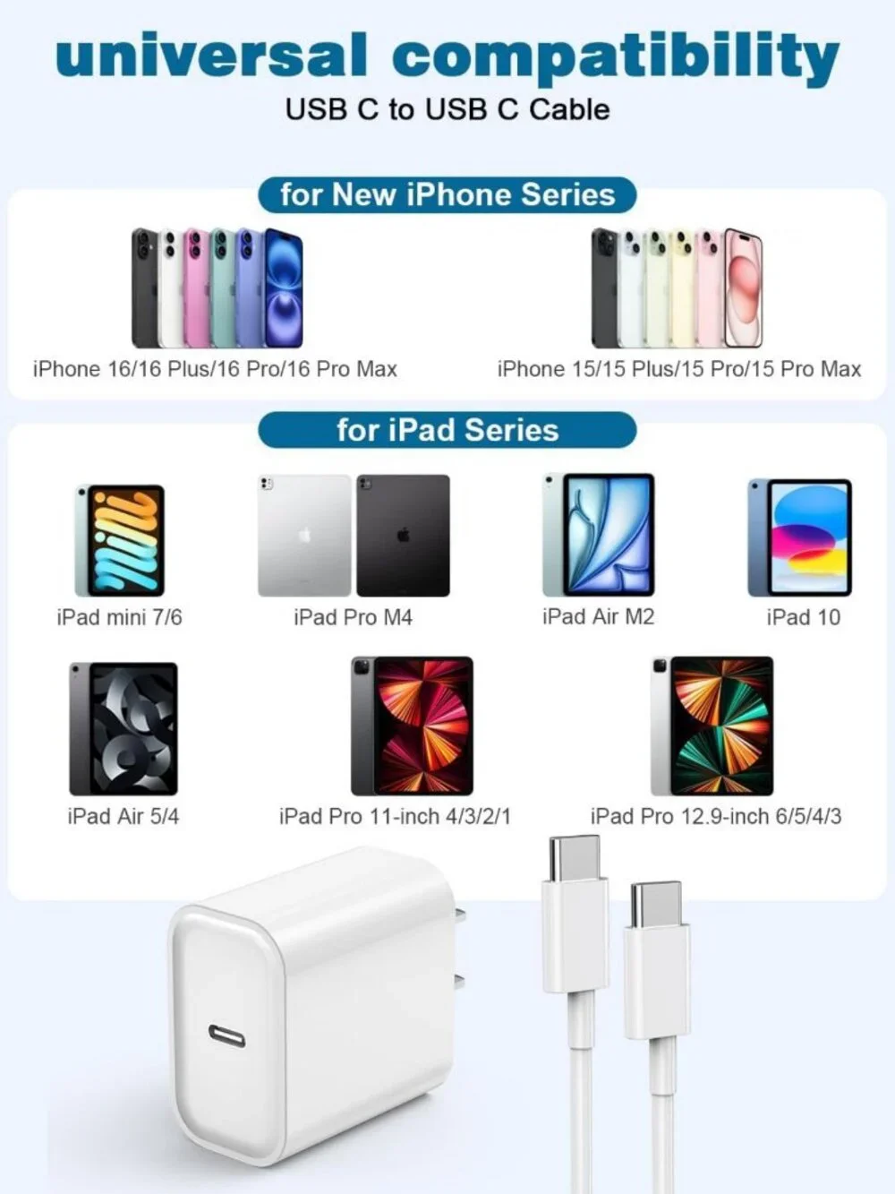 Fast Charging USB C Wall Charger & 6FT Cable for iPhone 17/16, iPad Pro/Air/Mini